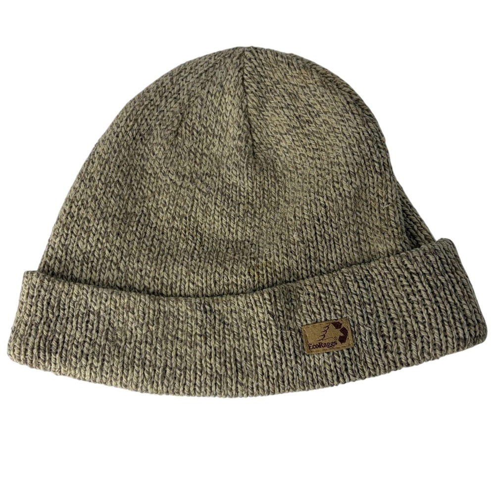 EcoRaggs Wool Blend Fleece Lined Knit Beanie Hat Tan Cuffed One Size Unisex